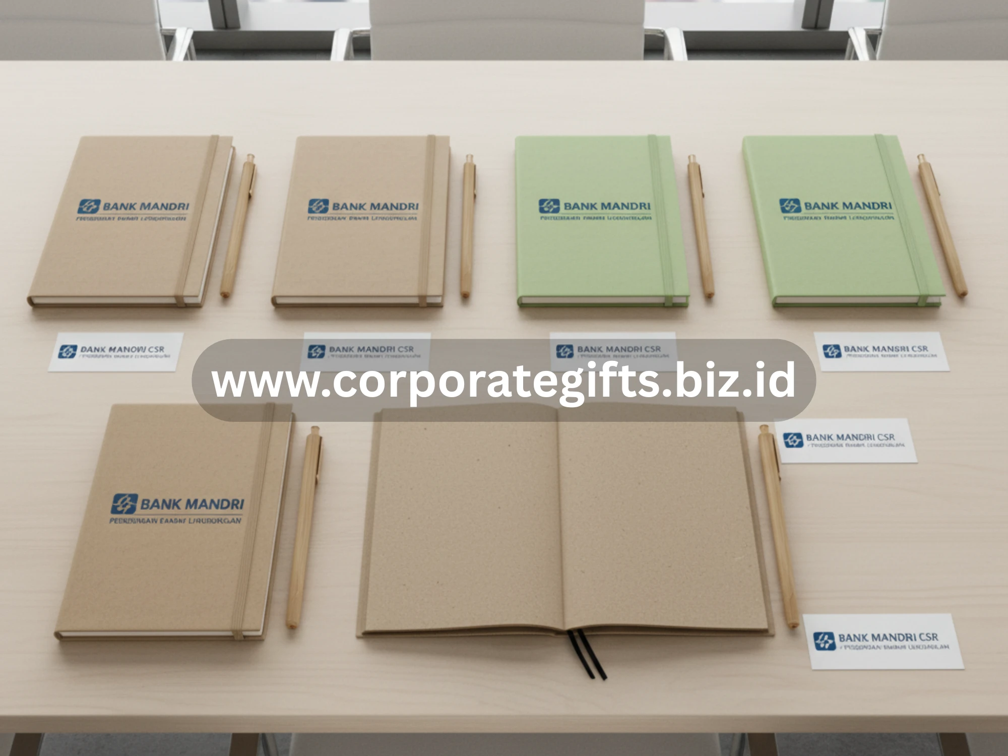 Agenda kulit hitam dengan emboss logo Bank Mandiri, souvenir premium untuk nasabah prioritas.